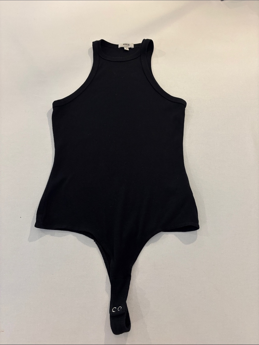 Agolde Black Stretchy Ribbed Thong Tank Bodysuit - High Neckline. Small